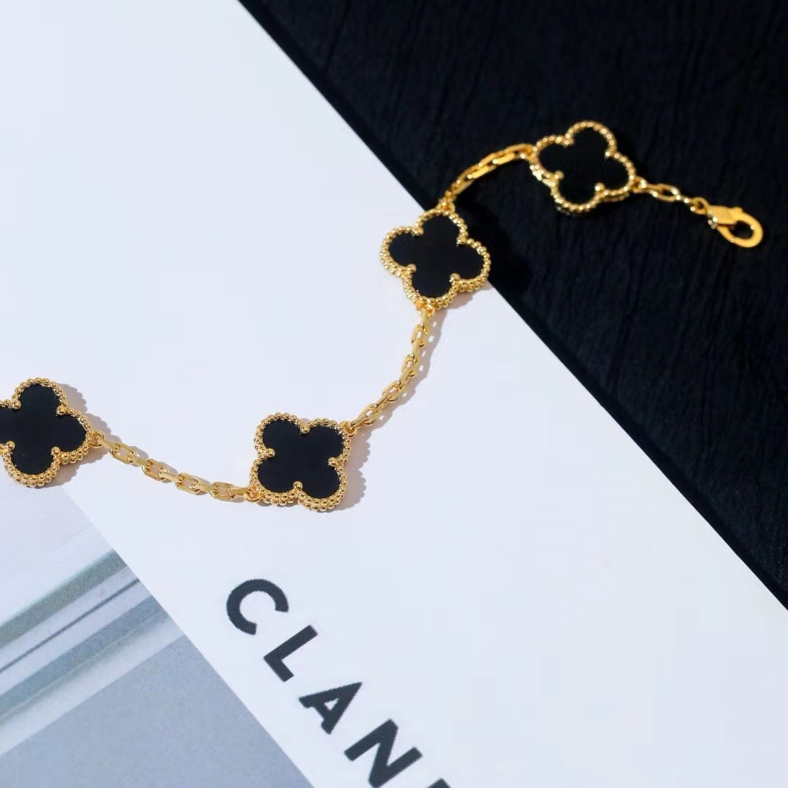 Van Cleef Bracelet, Gold Clover Bracelet, Vintage Alhambra bracelet, 5 motifs, Black Onys