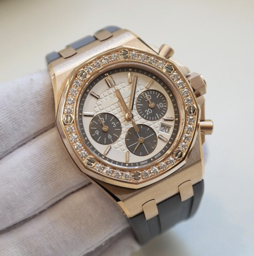 Best Swiss Clone Audemars Piguet Replica Royal Oak - Rose Gold/Diamond Offshore 37mm With Rubber Band - Replica Swiss Clones Watches