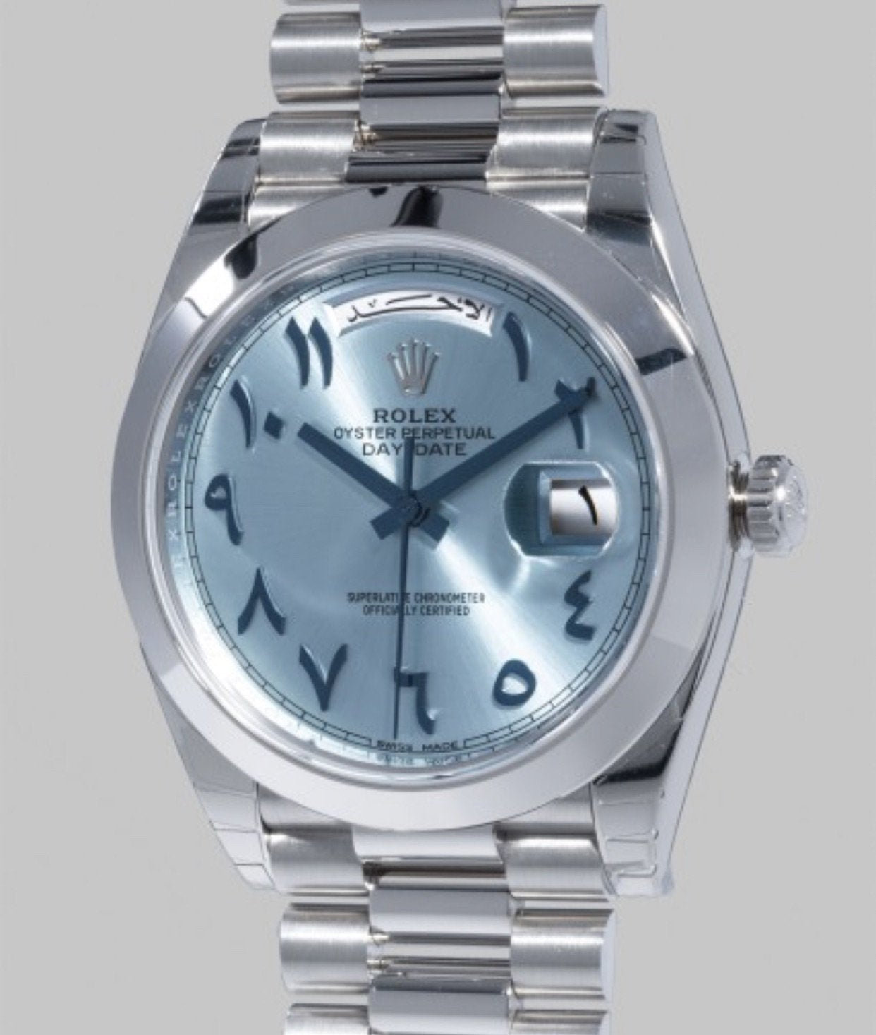 Best Swiss Clone Replica Rolex Day Date 40mm Ice Blue Arabic Dial Platinum Watch - Replica Swiss Clones Watches