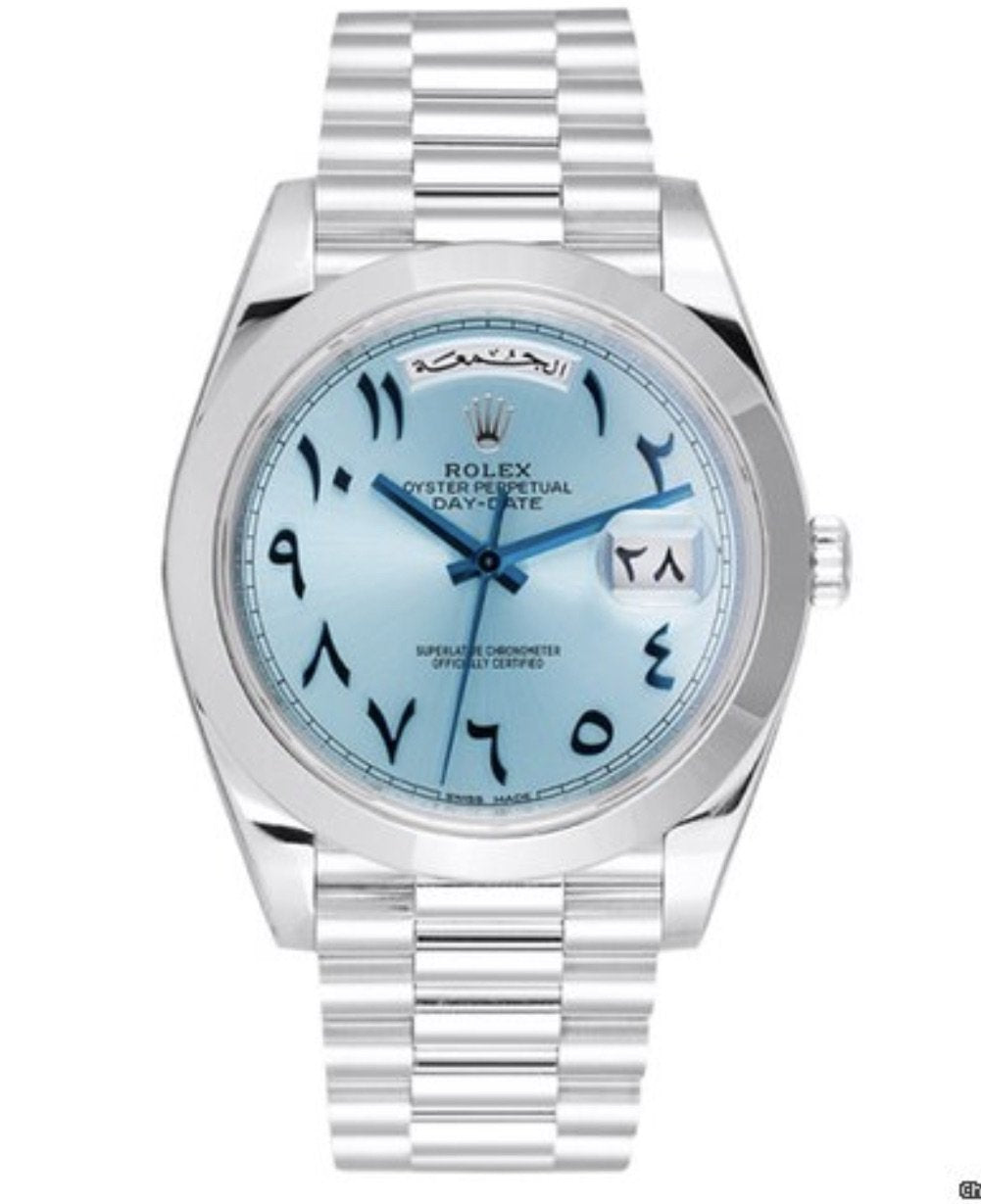 Best Swiss Clone Replica Rolex Day Date 40mm Ice Blue Arabic Dial Platinum Watch - Replica Swiss Clones Watches